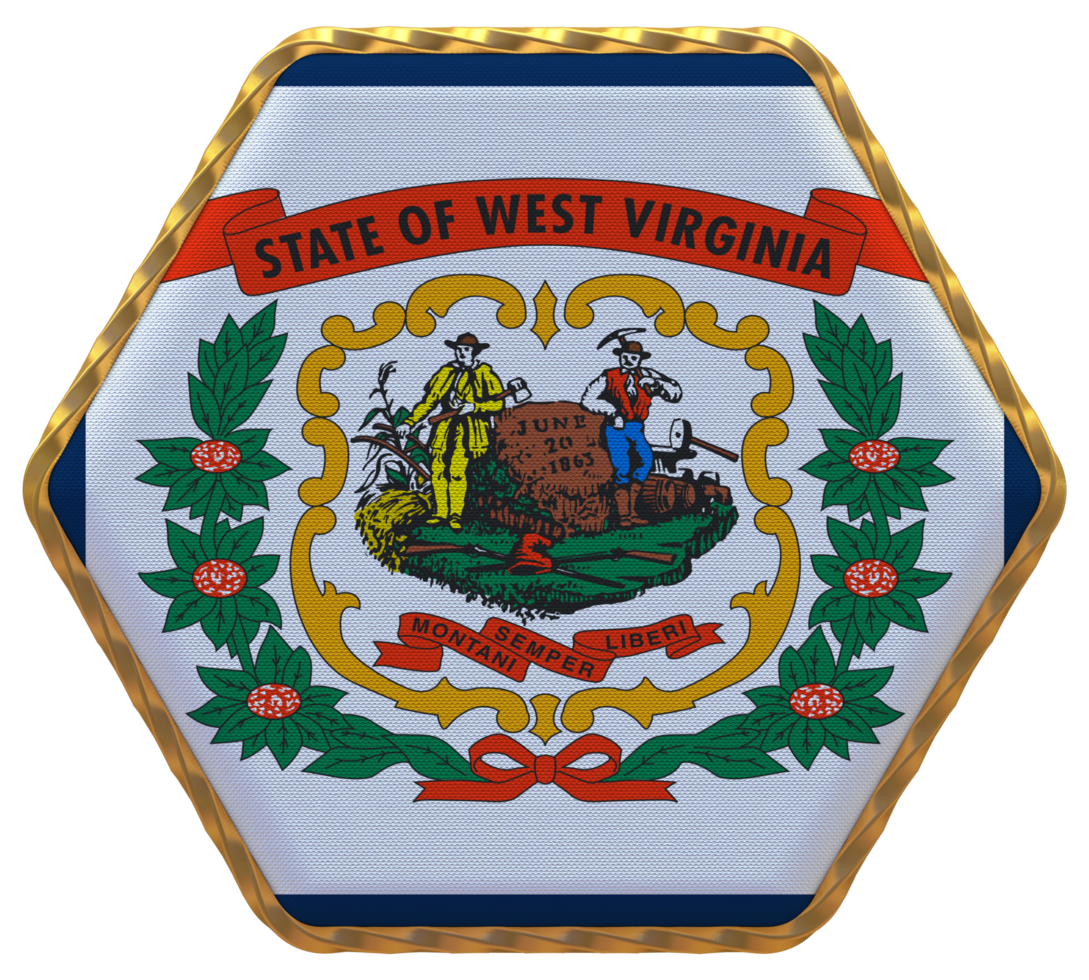 State of West Virginia Flag in Hexagon Shape with Gold Border, Bump Texture, 3D Rendering png