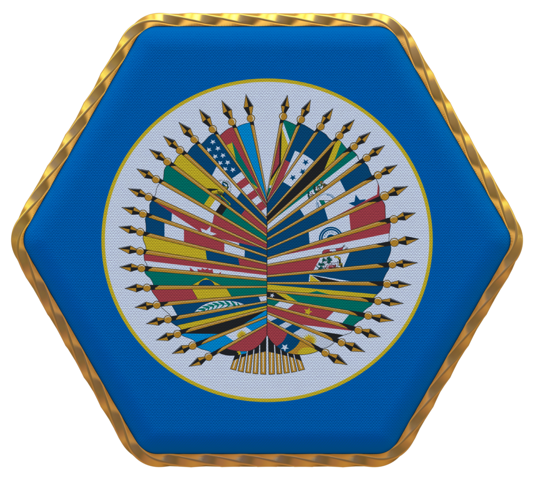 Organization of American States, OAS Flag in Hexagon Shape with Gold Border, Bump Texture, 3D Rendering png