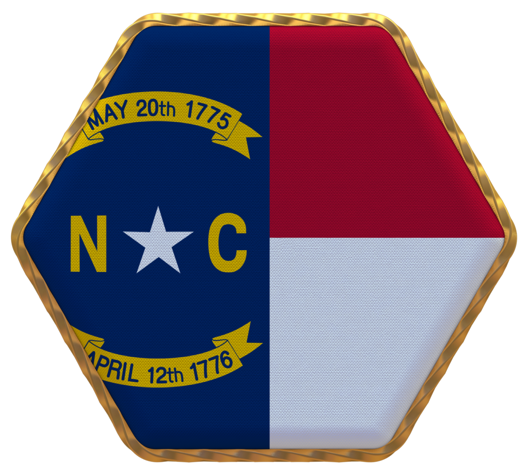 State of North Carolina Flag in Hexagon Shape with Gold Border, Bump Texture, 3D Rendering png