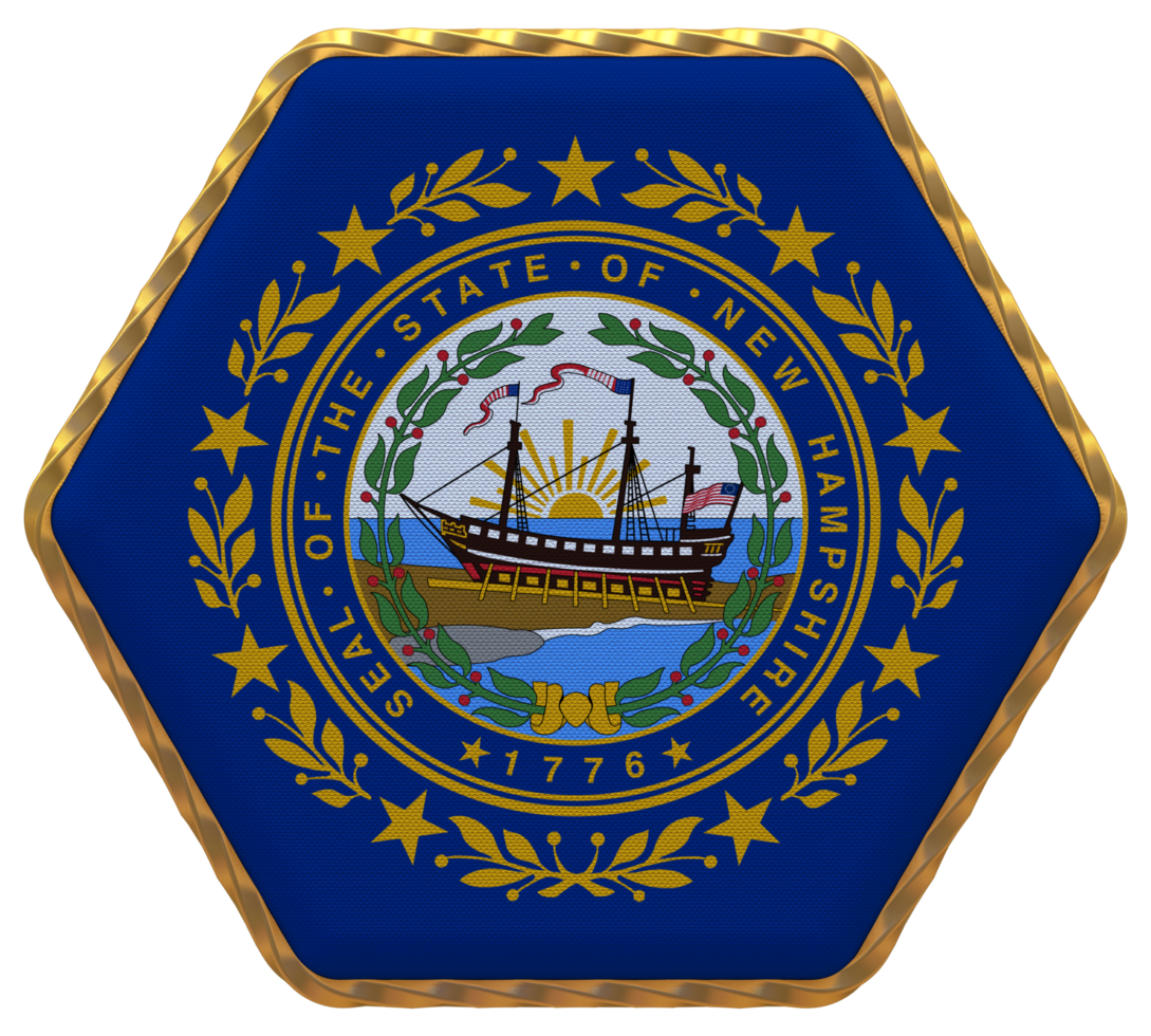 State of New Hampshire Flag in Hexagon Shape with Gold Border, Bump Texture, 3D Rendering png