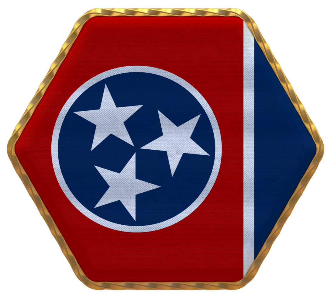State of Tennessee Flag in Hexagon Shape with Gold Border, Bump Texture, 3D Rendering png