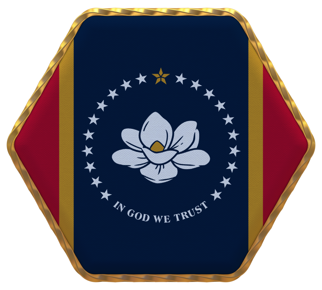State of Mississippi Flag in Hexagon Shape with Gold Border, Bump Texture, 3D Rendering png