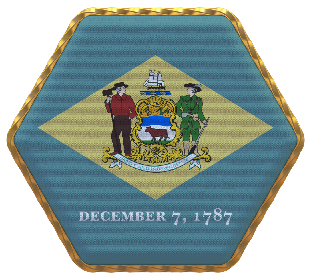 State of Delaware Flag in Hexagon Shape with Gold Border, Bump Texture, 3D Rendering png