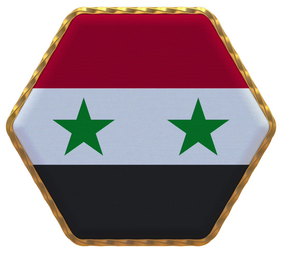 Syria Flag in Hexagon Shape with Gold Border, Bump Texture, 3D Rendering png