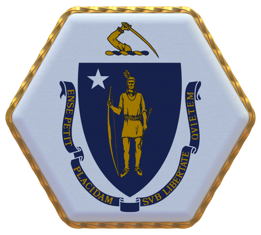 State of Massachusetts Flag in Hexagon Shape with Gold Border, Bump Texture, 3D Rendering png