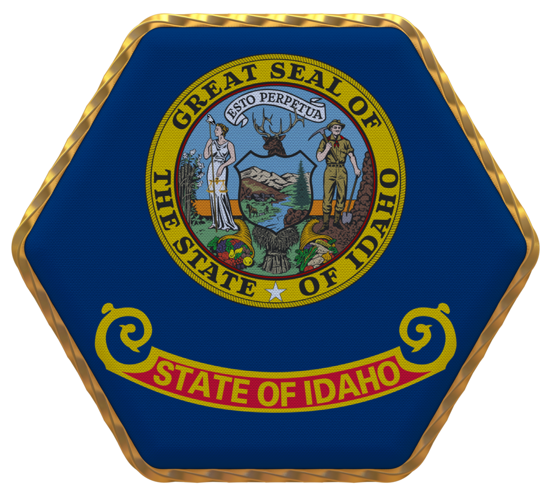 State of Idaho Flag in Hexagon Shape with Gold Border, Bump Texture, 3D Rendering png