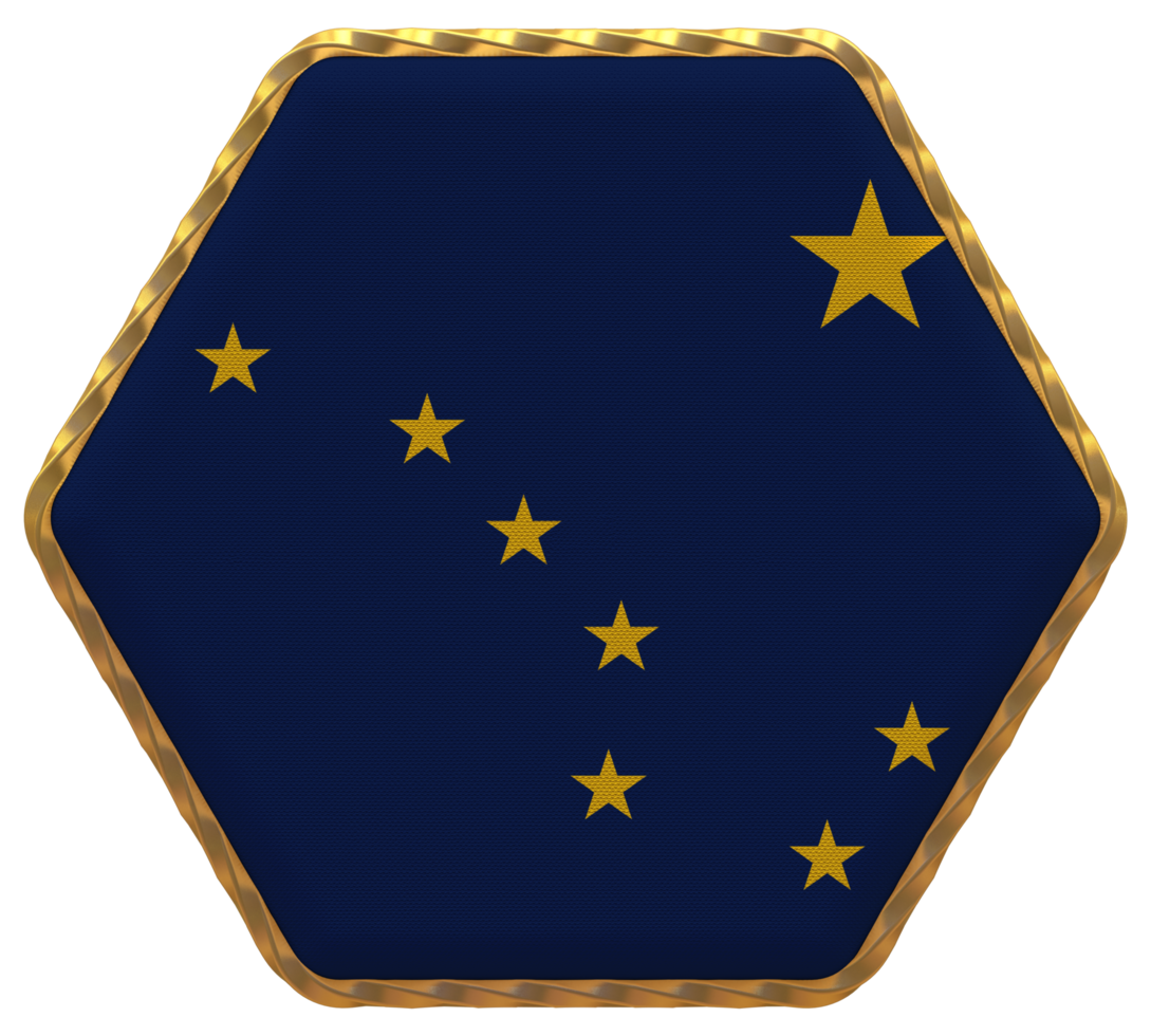 State of Alaska Flag in Hexagon Shape with Gold Border, Bump Texture, 3D Rendering png