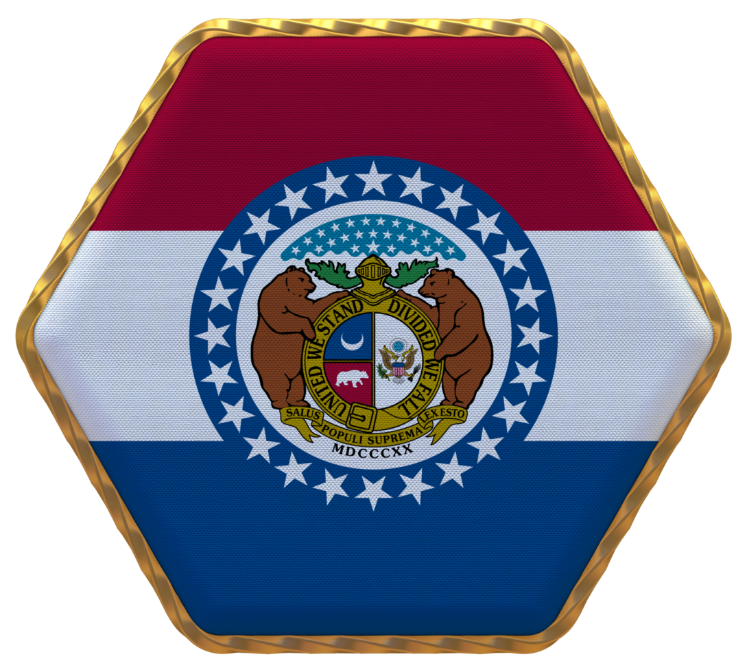 State of Missouri Flag in Hexagon Shape with Gold Border, Bump Texture, 3D Rendering png