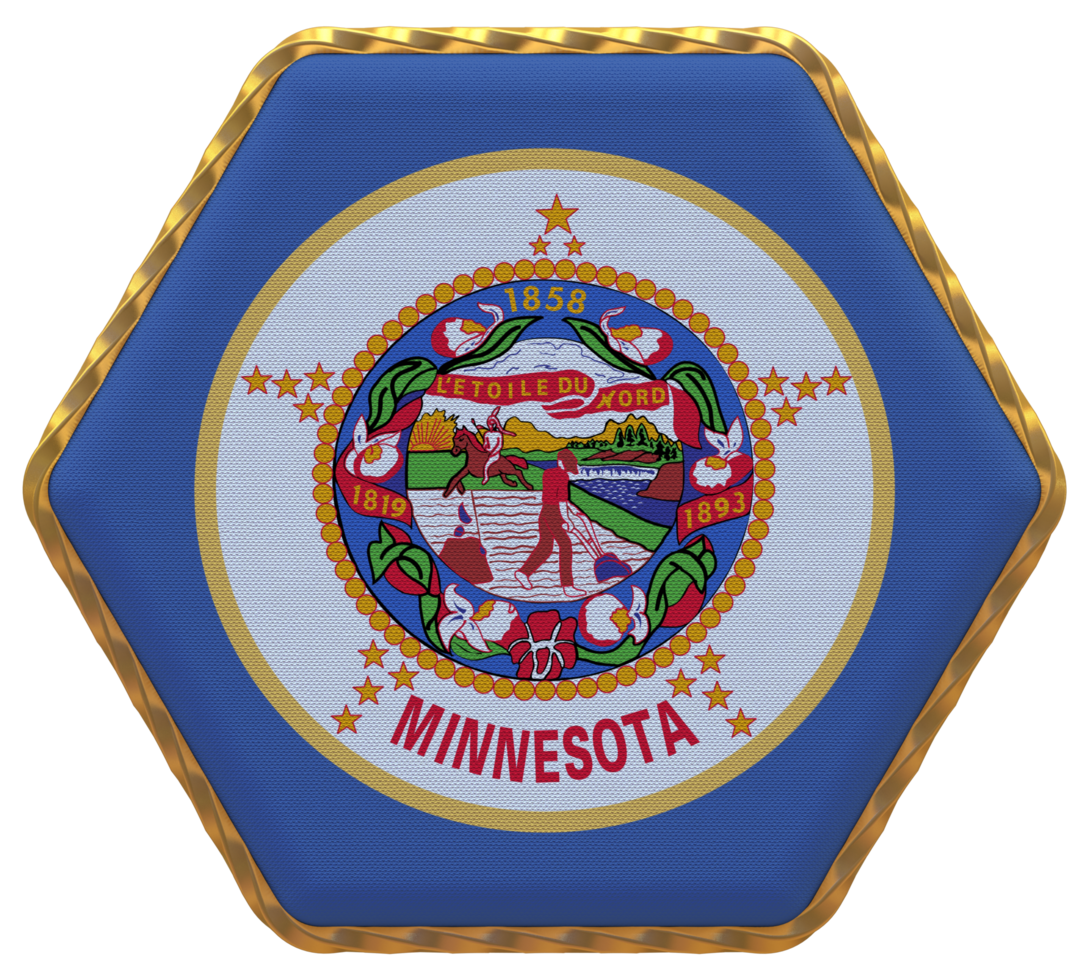 State of Minnesota Flag in Hexagon Shape with Gold Border, Bump Texture, 3D Rendering png