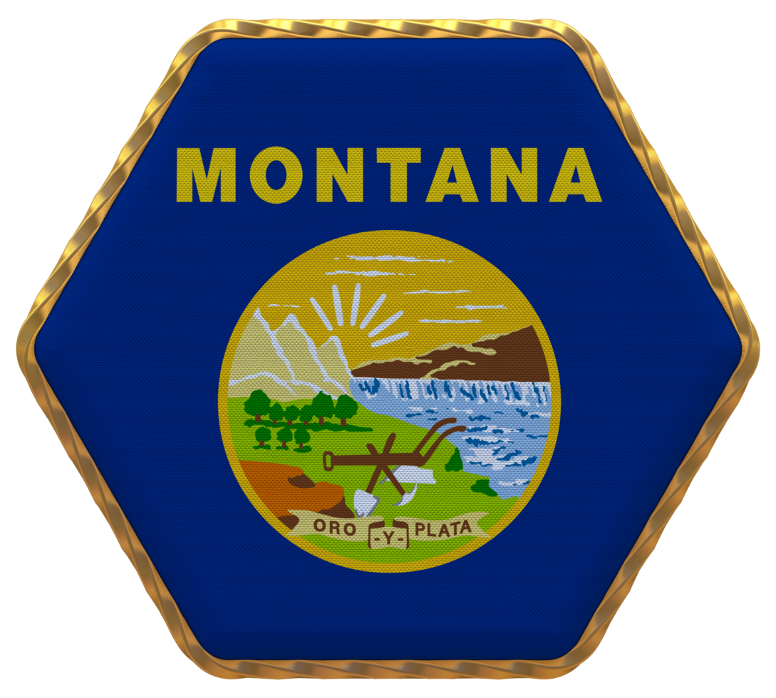 State of Montana Flag in Hexagon Shape with Gold Border, Bump Texture, 3D Rendering png
