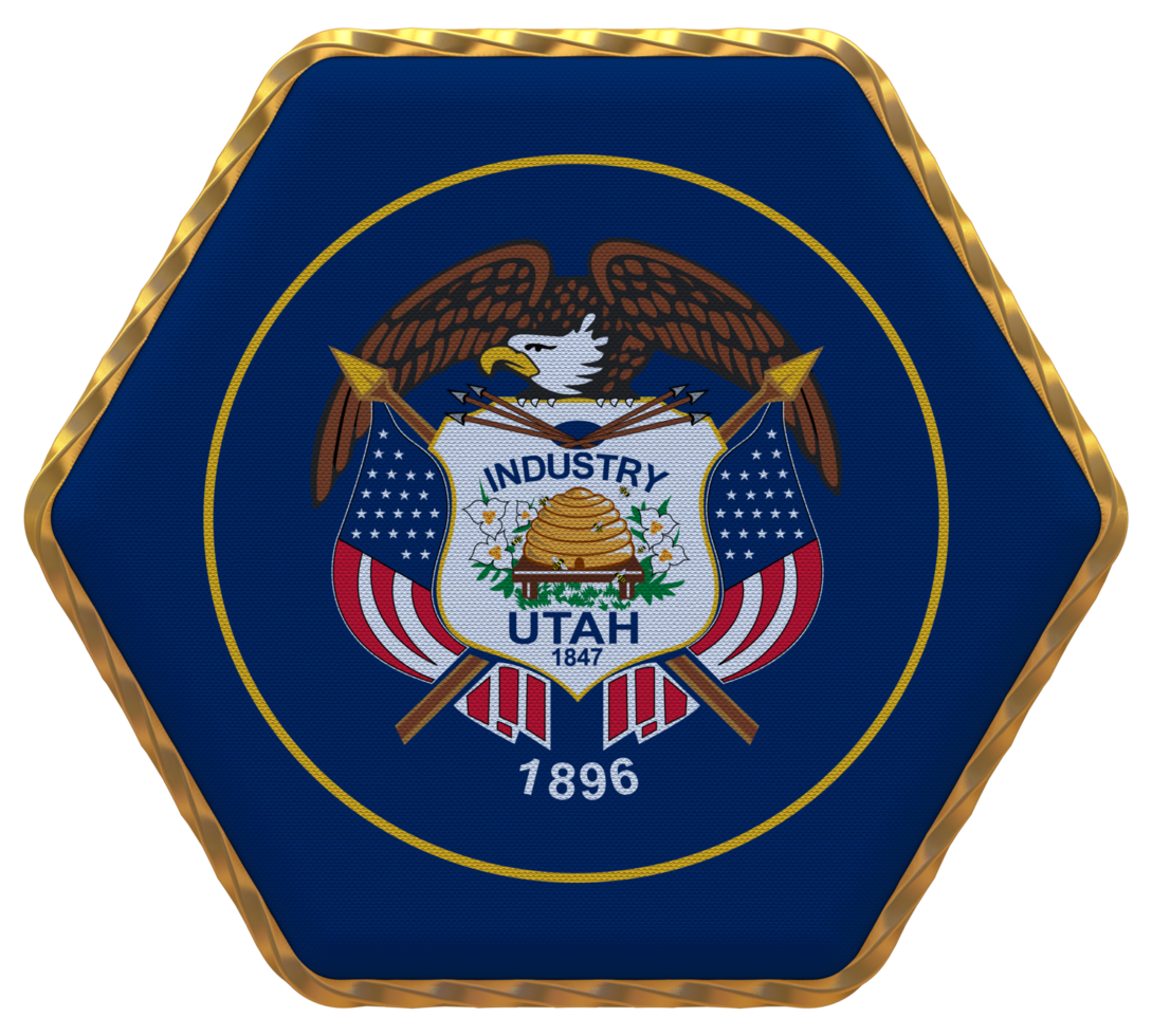 State of Utah Flag in Hexagon Shape with Gold Border, Bump Texture, 3D Rendering png