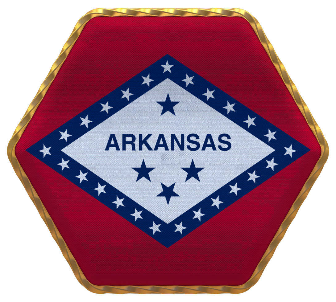 State of Arkansas Flag in Hexagon Shape with Gold Border, Bump Texture, 3D Rendering png