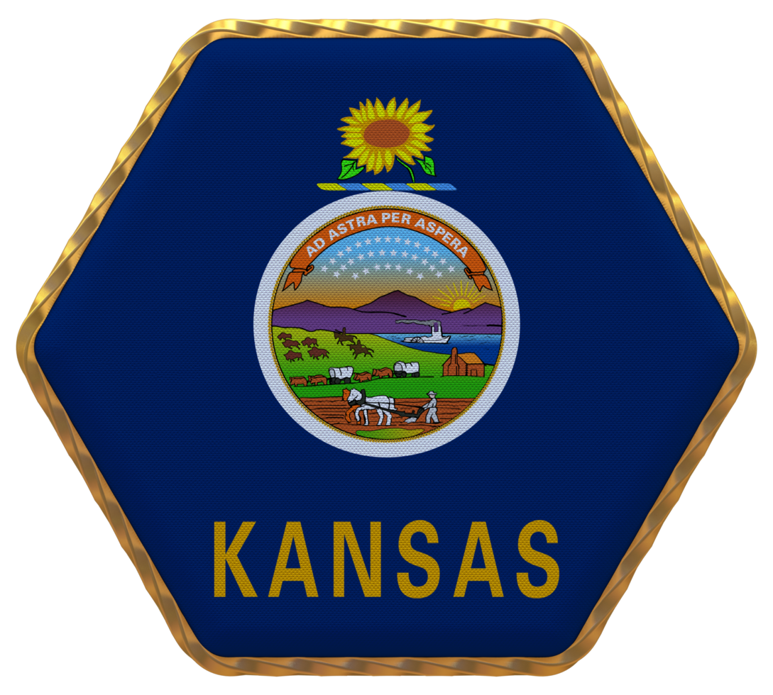State of Kansas Flag in Hexagon Shape with Gold Border, Bump Texture, 3D Rendering png
