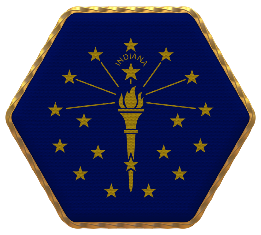 State of Indiana Flag in Hexagon Shape with Gold Border, Bump Texture, 3D Rendering png