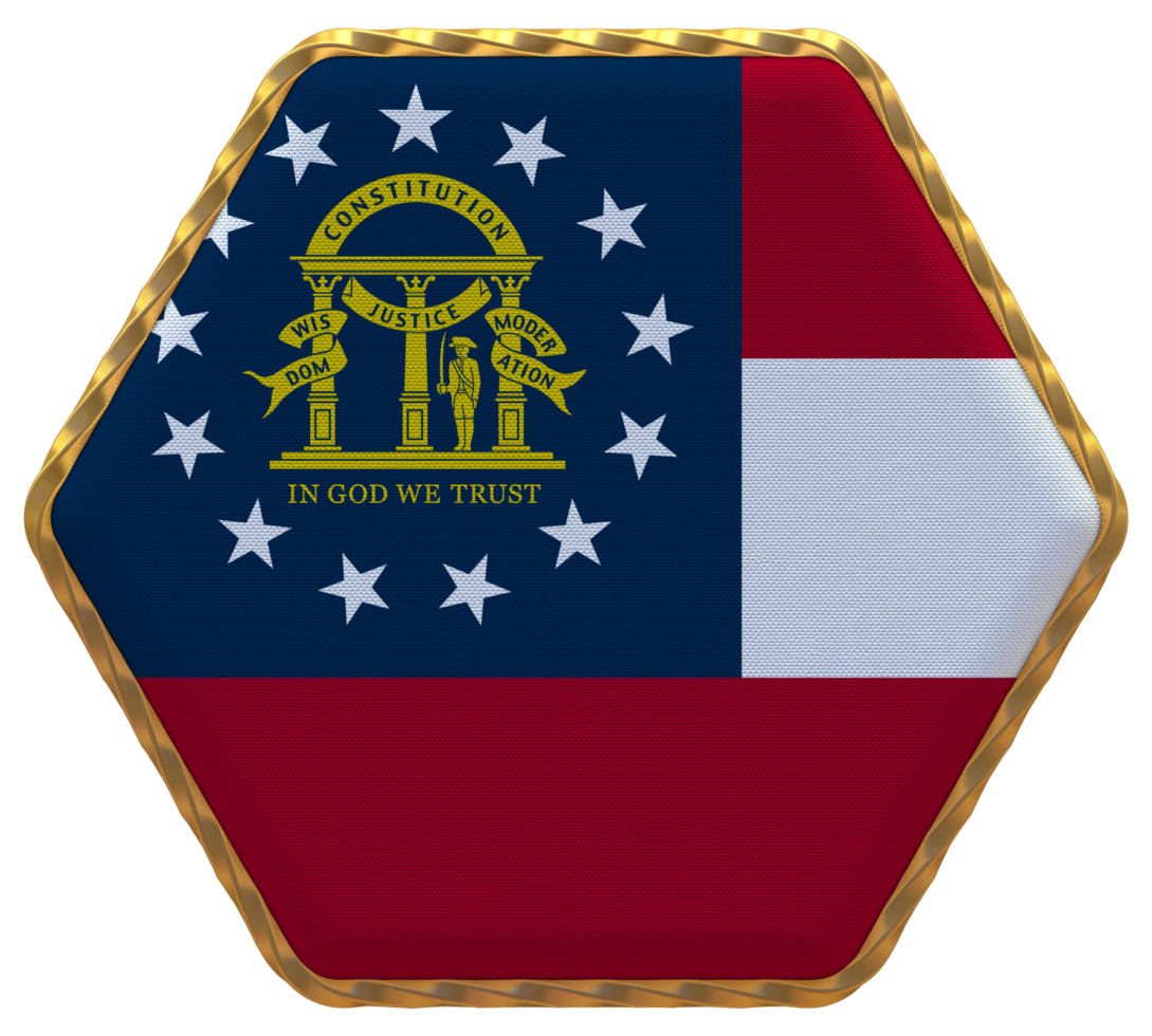 State of Georgia Flag in Hexagon Shape with Gold Border, Bump Texture, 3D Rendering png