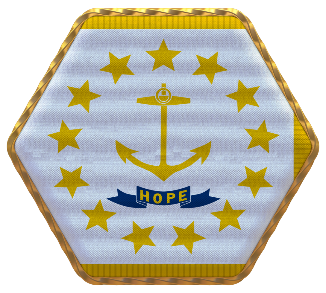 State of Rhode Island Flag in Hexagon Shape with Gold Border, Bump Texture, 3D Rendering png