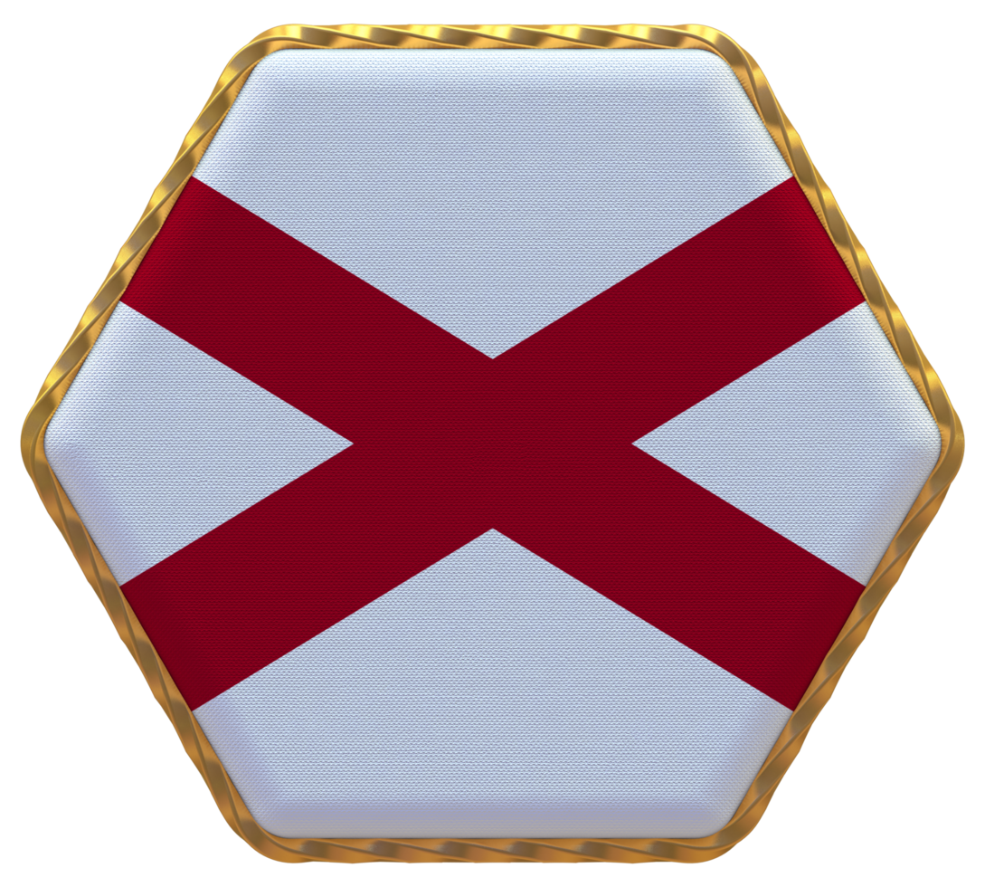 State of Alabama Flag in Hexagon Shape with Gold Border, Bump Texture, 3D Rendering png