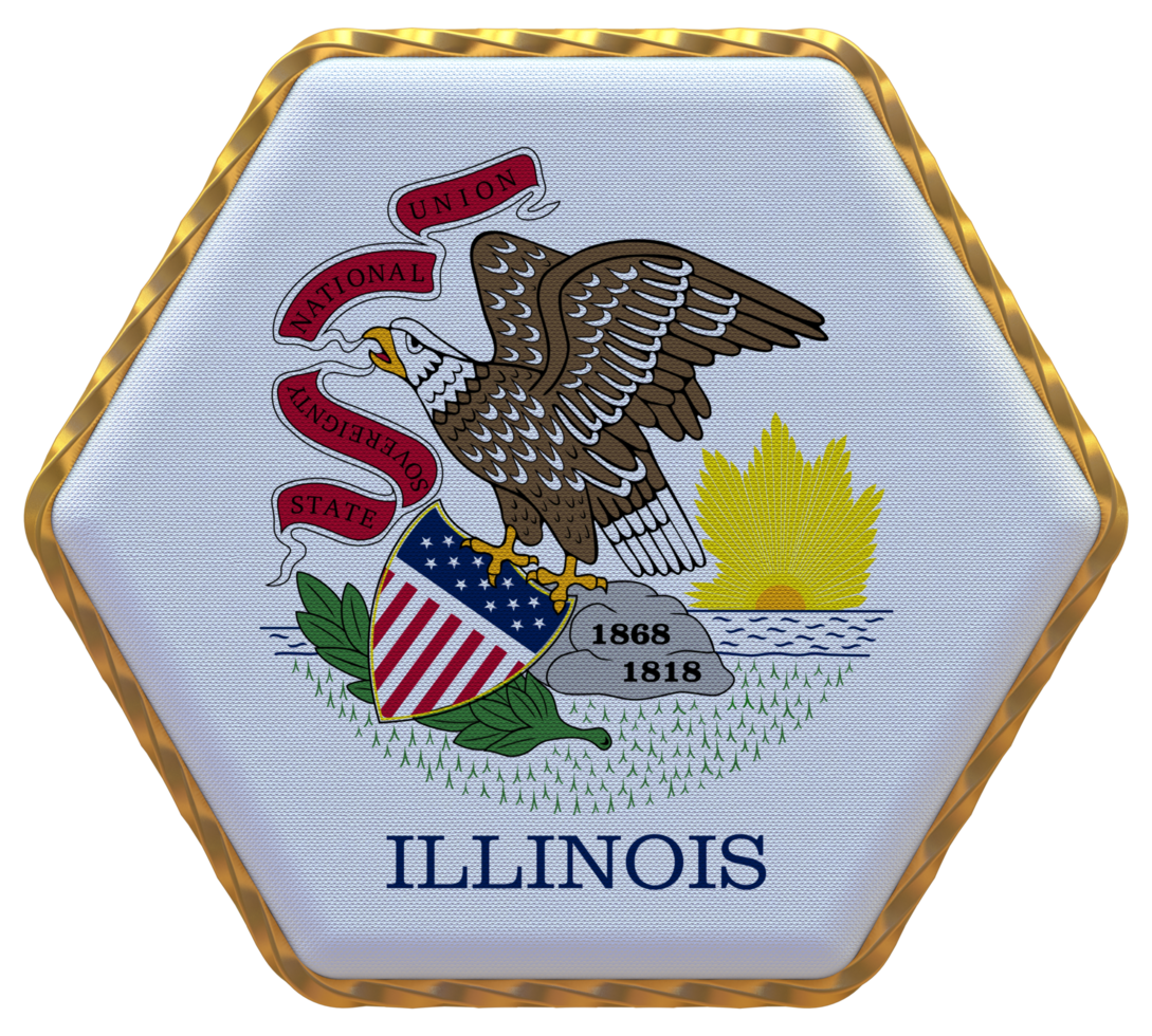 State of Illinois Flag in Hexagon Shape with Gold Border, Bump Texture, 3D Rendering png