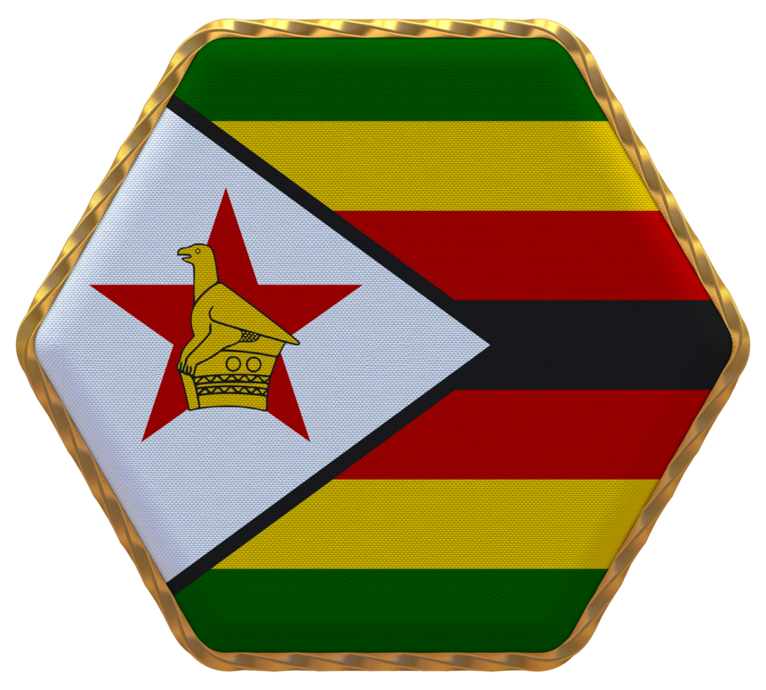 Zimbabwe Flag in Hexagon Shape with Gold Border, Bump Texture, 3D Rendering png