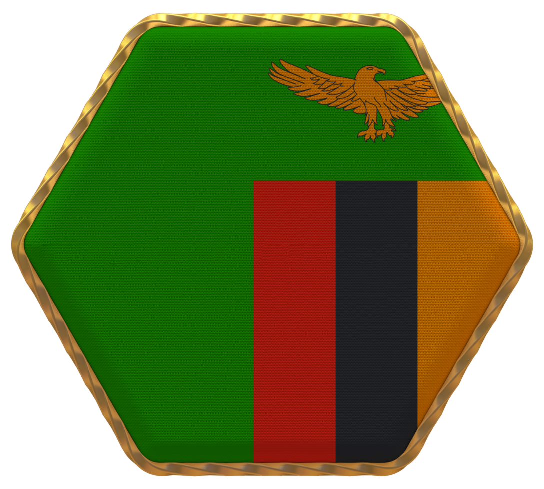 Zambia Flag in Hexagon Shape with Gold Border, Bump Texture, 3D Rendering png