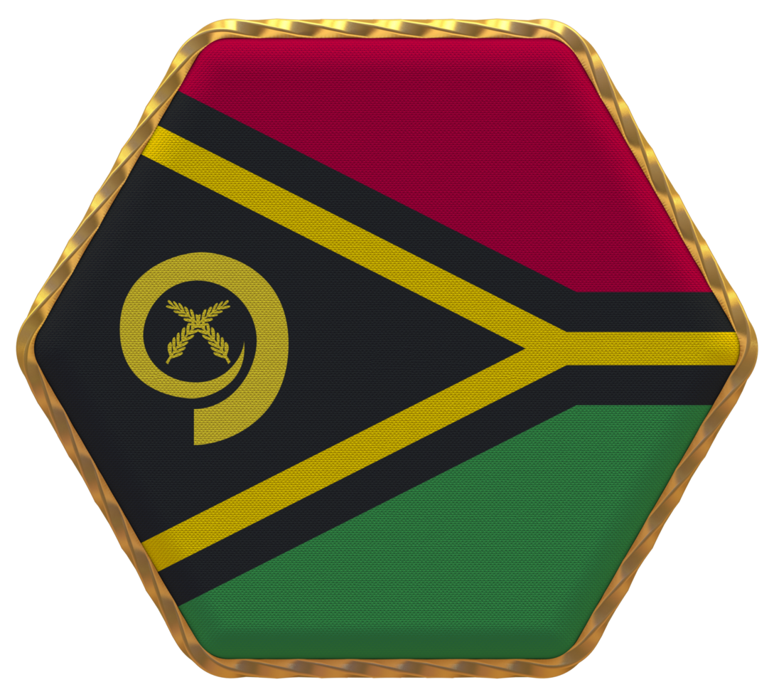 Vanuatu Flag in Hexagon Shape with Gold Border, Bump Texture, 3D Rendering png
