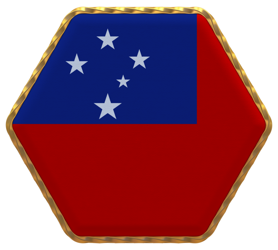 Samoa Flag in Hexagon Shape with Gold Border, Bump Texture, 3D Rendering png