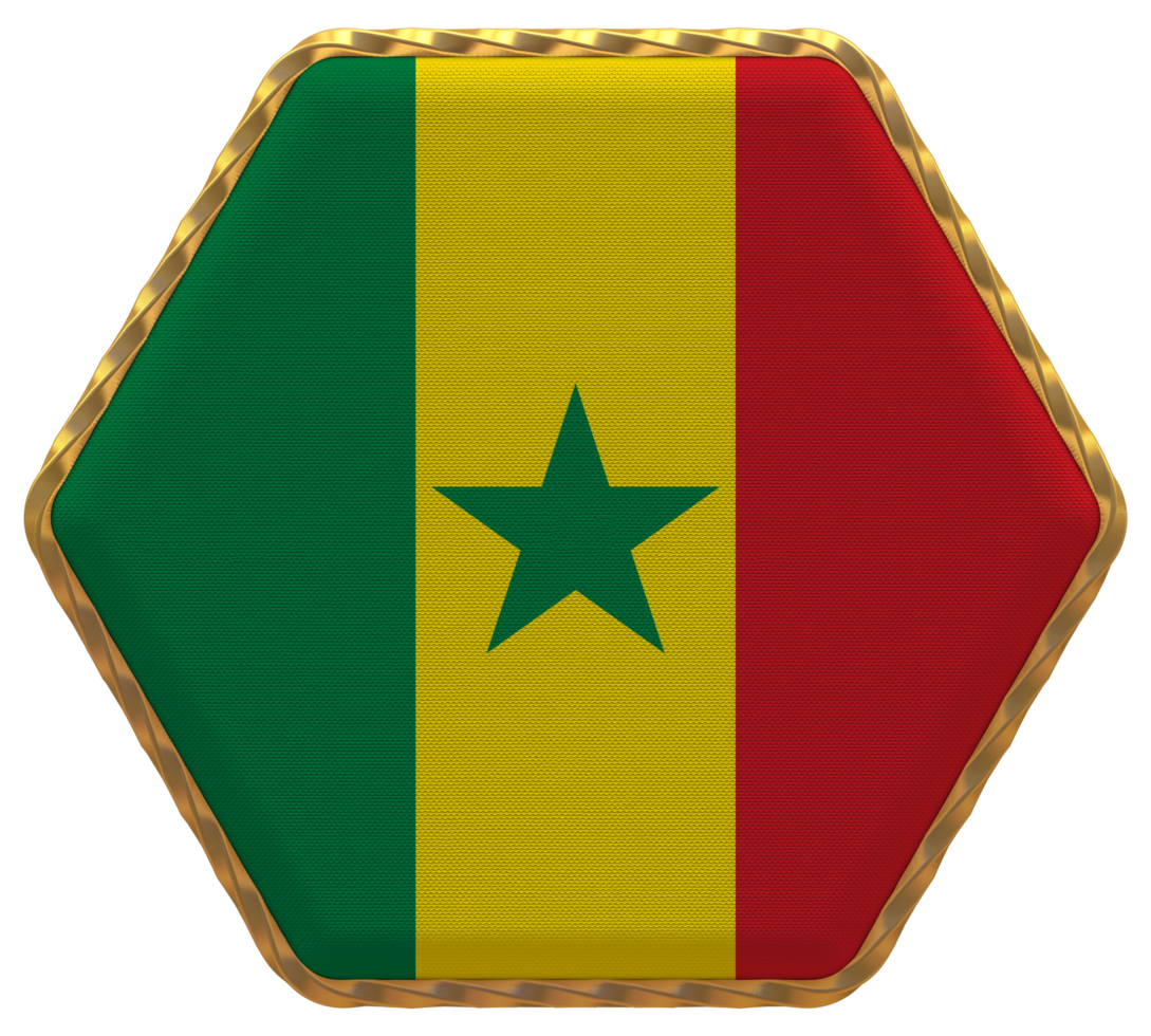 Senegal Flag in Hexagon Shape with Gold Border, Bump Texture, 3D Rendering png