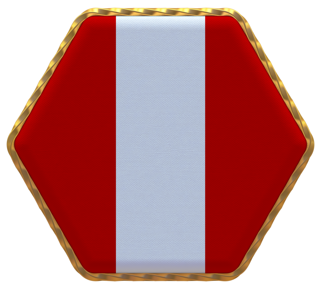 Peru Flag in Hexagon Shape with Gold Border, Bump Texture, 3D Rendering png