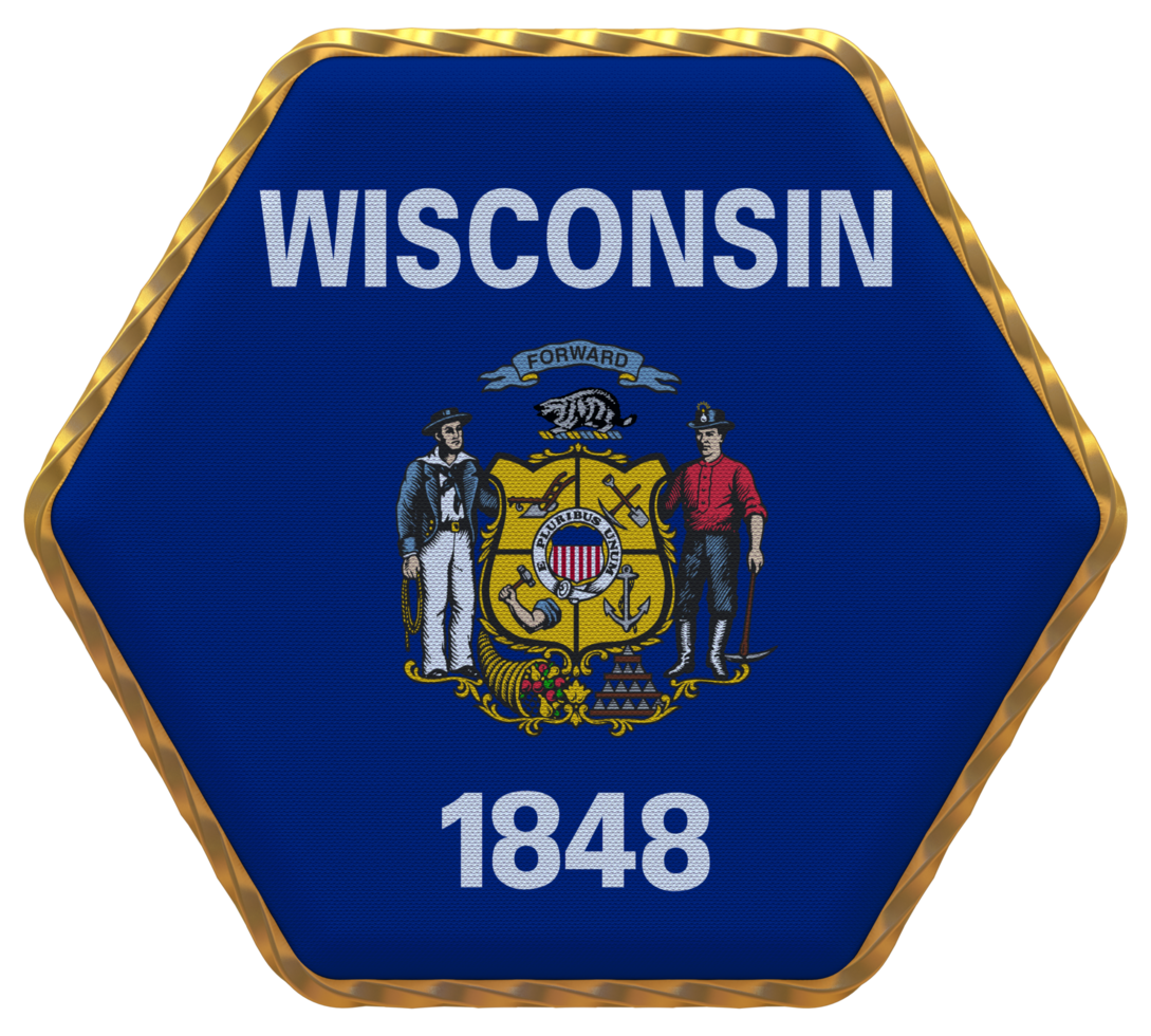 State of Wisconsin Flag in Hexagon Shape with Gold Border, Bump Texture, 3D Rendering png