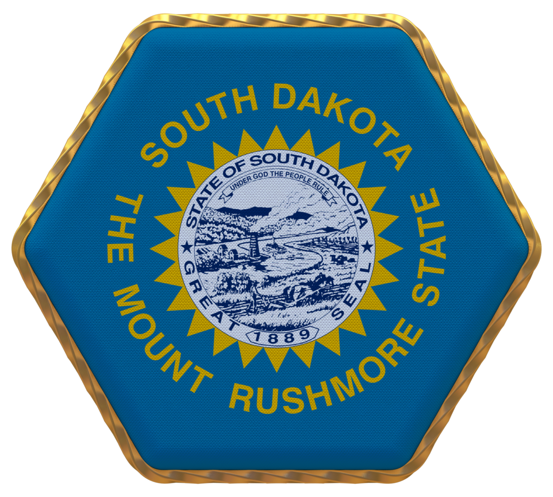 State of South Dakota Flag in Hexagon Shape with Gold Border, Bump Texture, 3D Rendering png