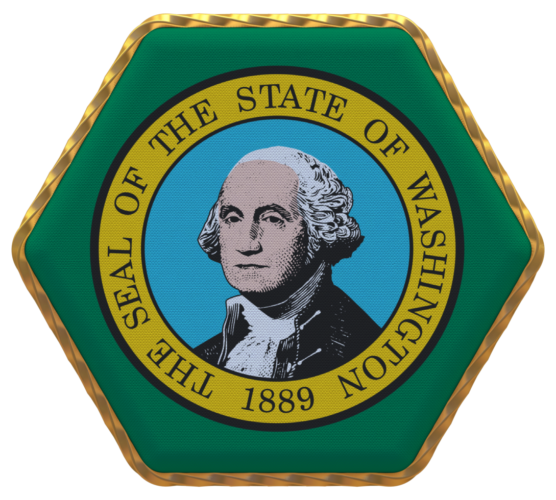 State of Washington Flag in Hexagon Shape with Gold Border, Bump Texture, 3D Rendering png