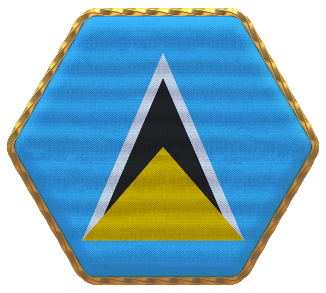 Saint Lucia Flag in Hexagon Shape with Gold Border, Bump Texture, 3D Rendering png