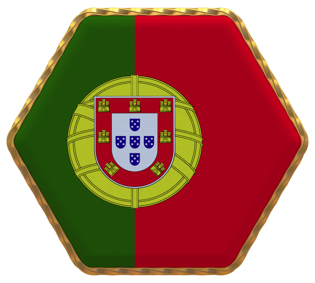 Portugal Flag in Hexagon Shape with Gold Border, Bump Texture, 3D Rendering png