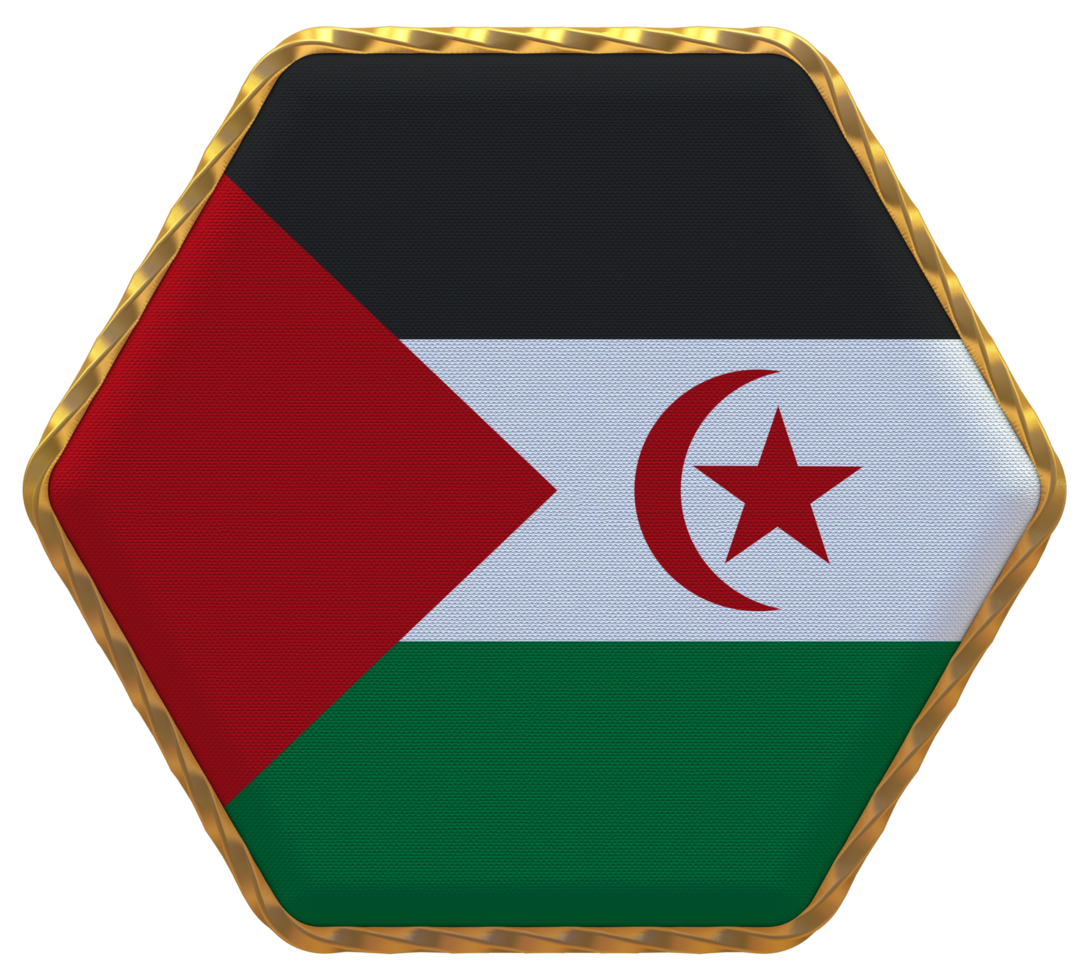 Sahrawi Arab Democratic Republic Flag in Hexagon Shape with Gold Border, Bump Texture, 3D Rendering png