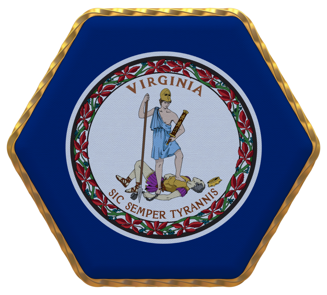State of Virginia Flag in Hexagon Shape with Gold Border, Bump Texture, 3D Rendering png