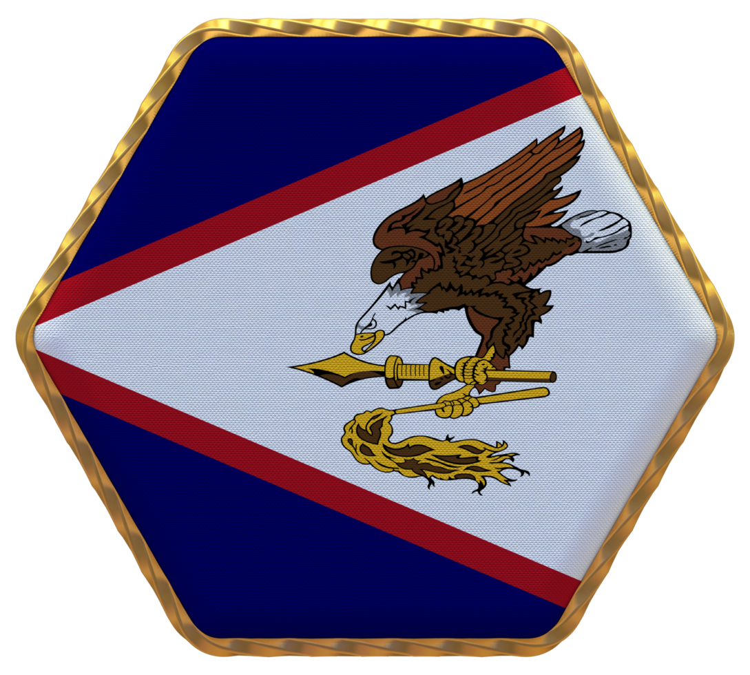 American Samoa Flag in Hexagon Shape with Gold Border, Bump Texture, 3D Rendering png