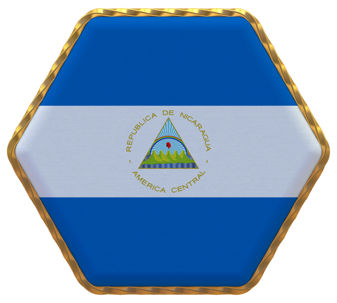Nicaragua Flag in Hexagon Shape with Gold Border, Bump Texture, 3D Rendering png