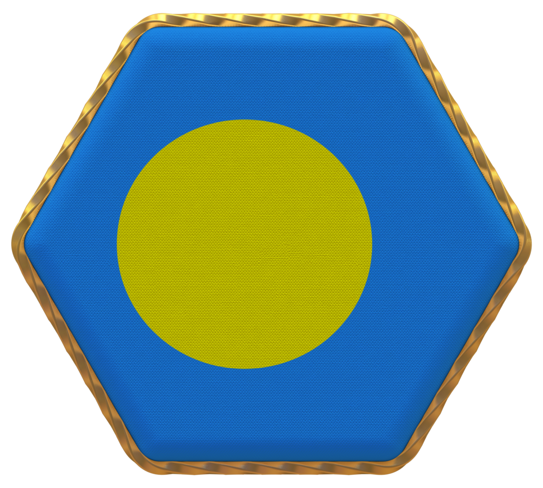 Palau Flag in Hexagon Shape with Gold Border, Bump Texture, 3D Rendering png