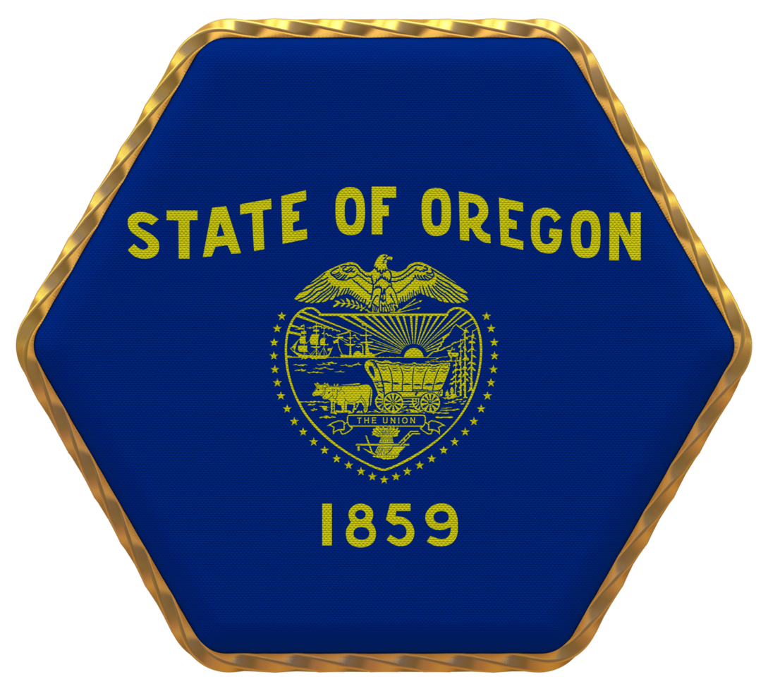 estado de Oregón bandera en hexágono forma con oro borde, bache textura, 3d representación png