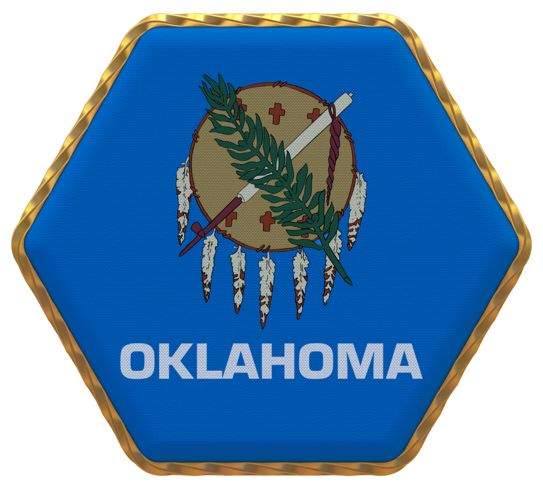 State of Oklahoma Flag in Hexagon Shape with Gold Border, Bump Texture, 3D Rendering png