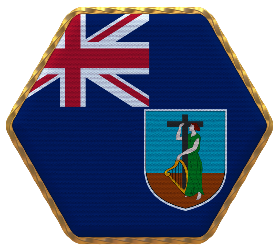 Montserrat Flag in Hexagon Shape with Gold Border, Bump Texture, 3D Rendering png