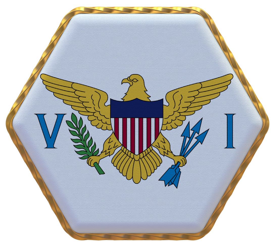 US Virgin Islands Flag in Hexagon Shape with Gold Border, Bump Texture, 3D Rendering png