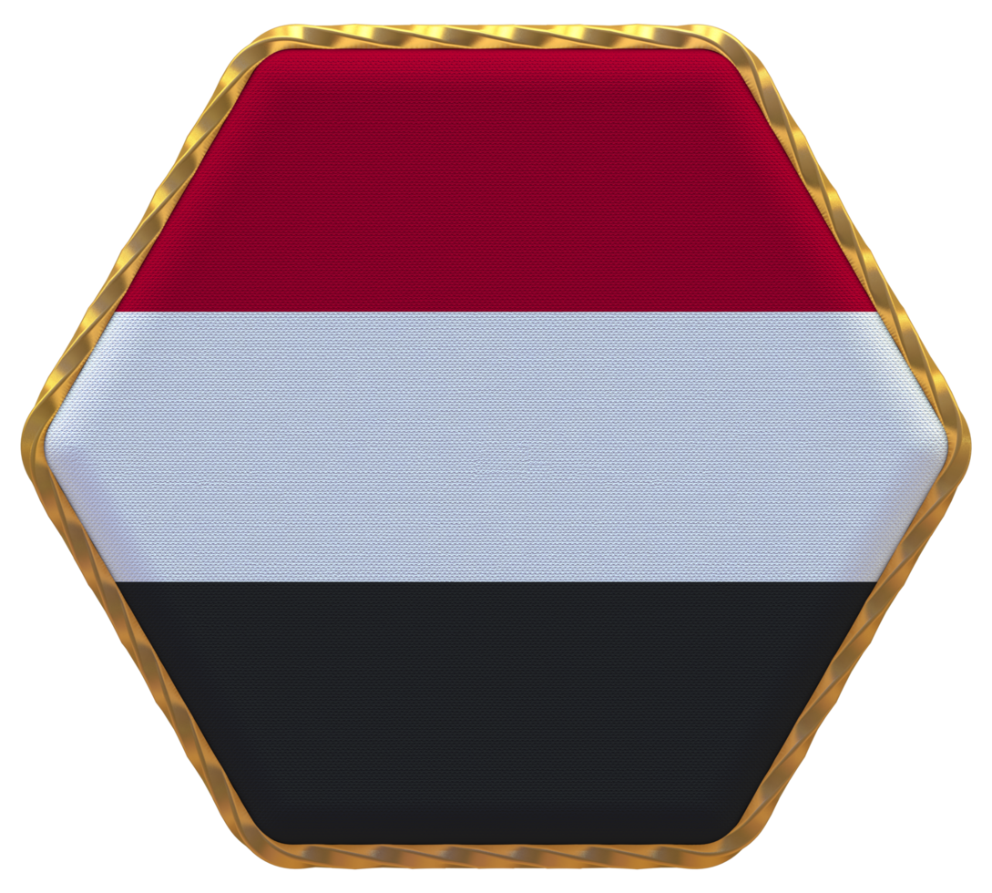 Yemen Flag in Hexagon Shape with Gold Border, Bump Texture, 3D Rendering png