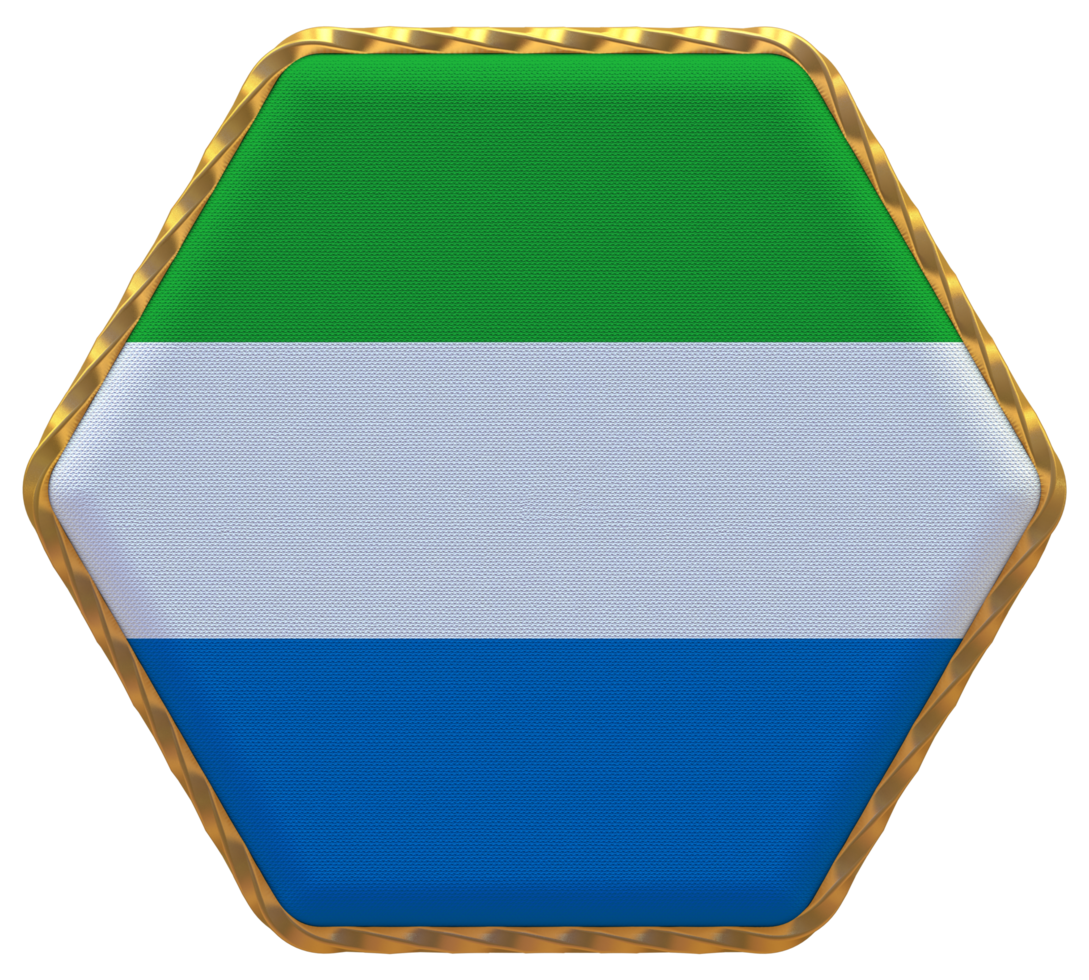 Sierra Leone Flag in Hexagon Shape with Gold Border, Bump Texture, 3D Rendering png