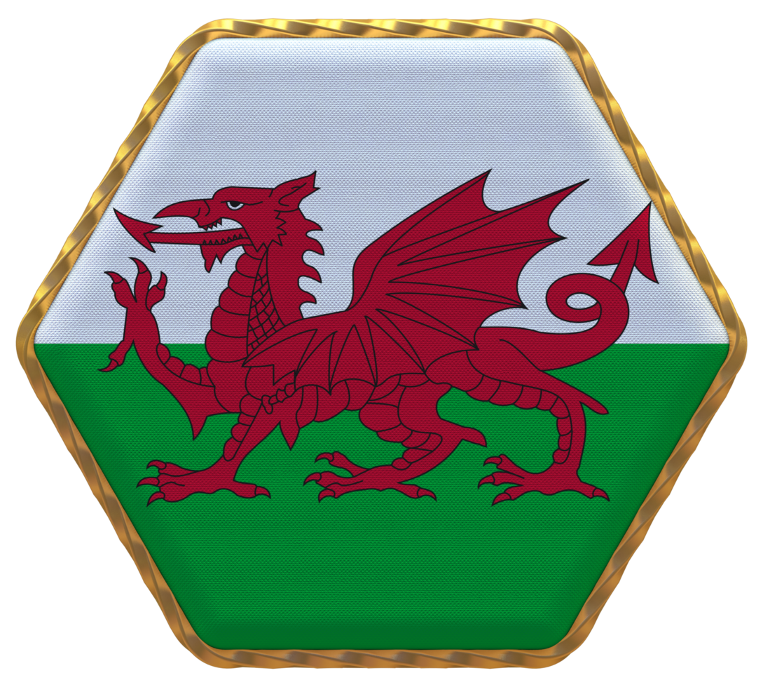 Wales Flag in Hexagon Shape with Gold Border, Bump Texture, 3D Rendering png