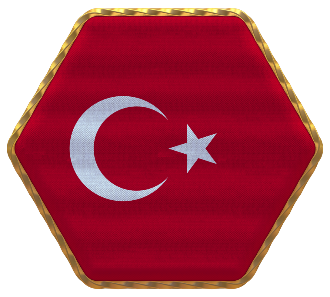 Turkey Flag in Hexagon Shape with Gold Border, Bump Texture, 3D Rendering png
