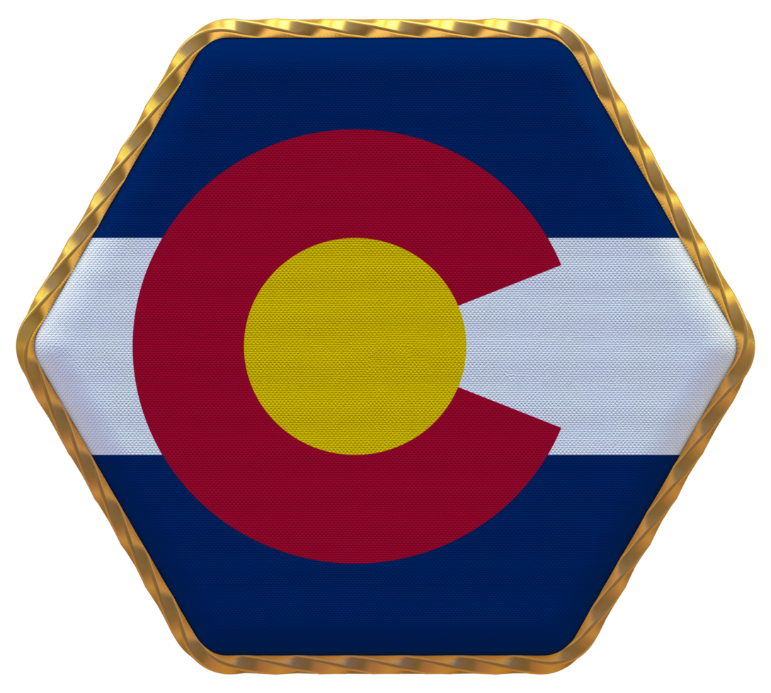 State of Colorado Flag in Hexagon Shape with Gold Border, Bump Texture, 3D Rendering png