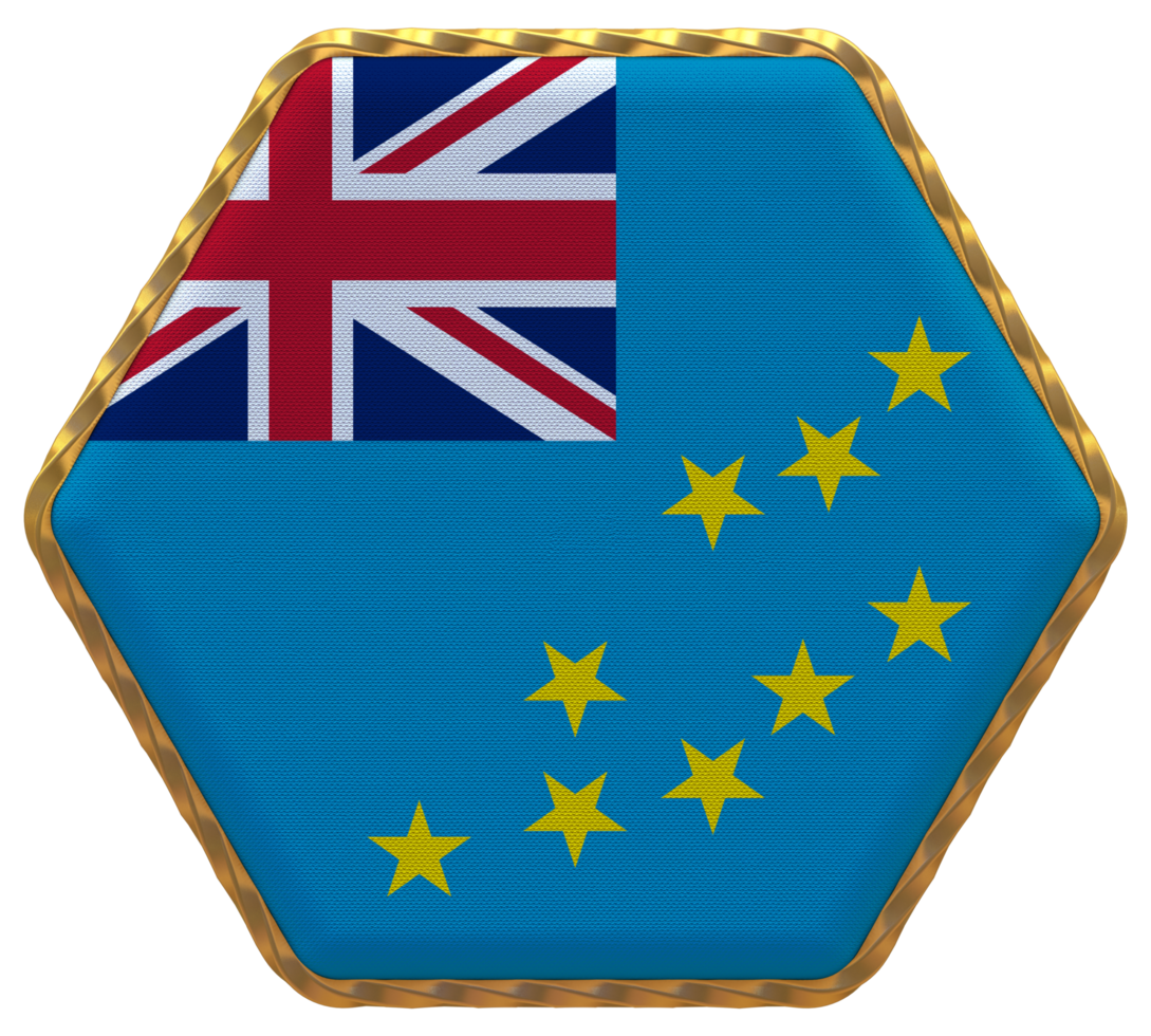 Tuvalu Flag in Hexagon Shape with Gold Border, Bump Texture, 3D Rendering png