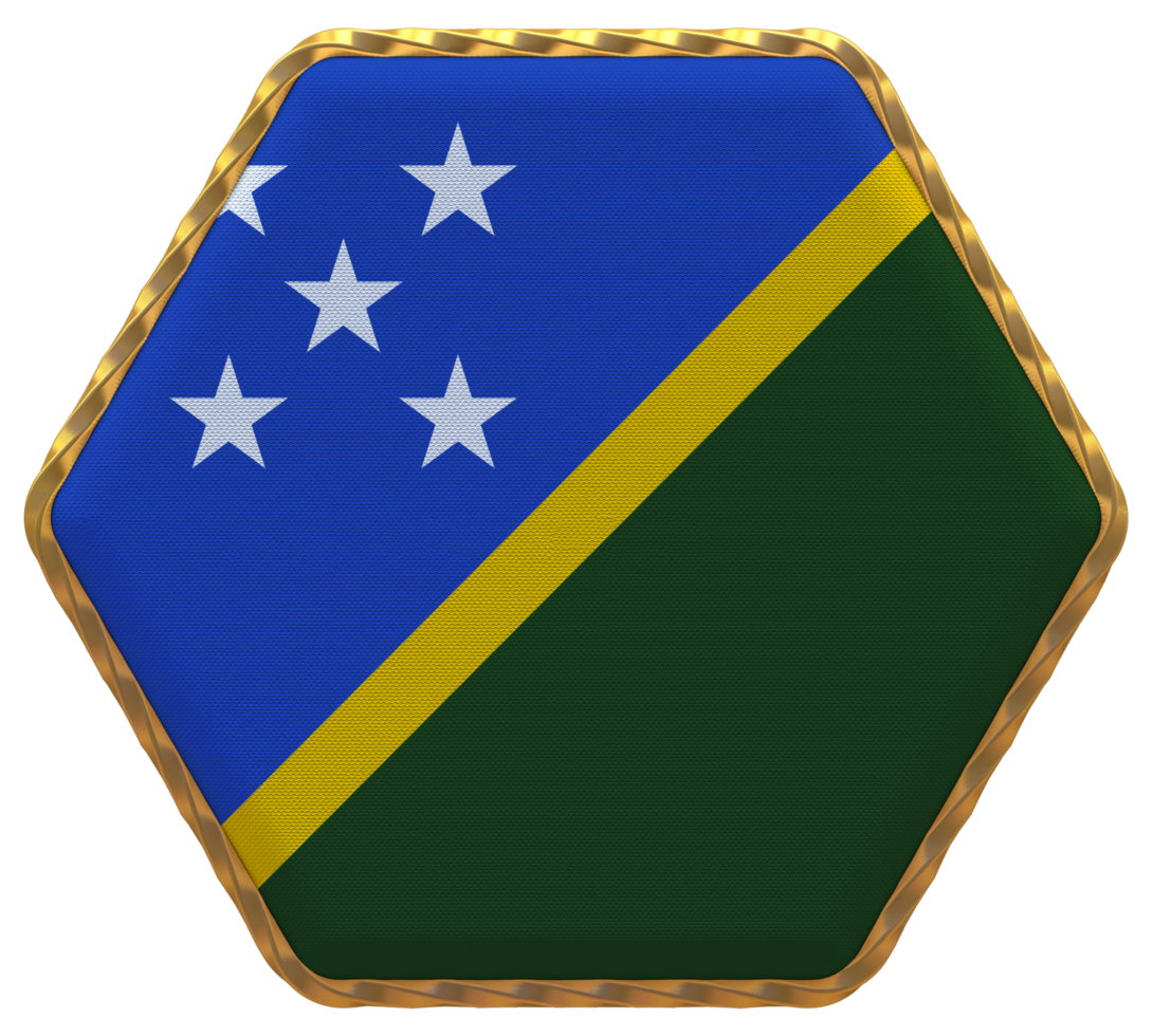 Solomon Islands Flag in Hexagon Shape with Gold Border, Bump Texture, 3D Rendering png