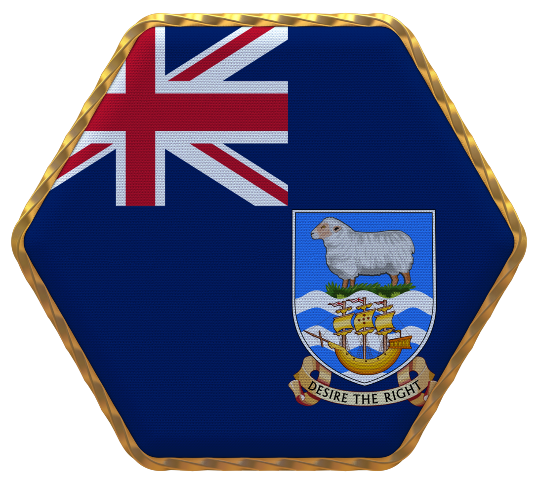 Falkland Islands Flag in Hexagon Shape with Gold Border, Bump Texture, 3D Rendering png